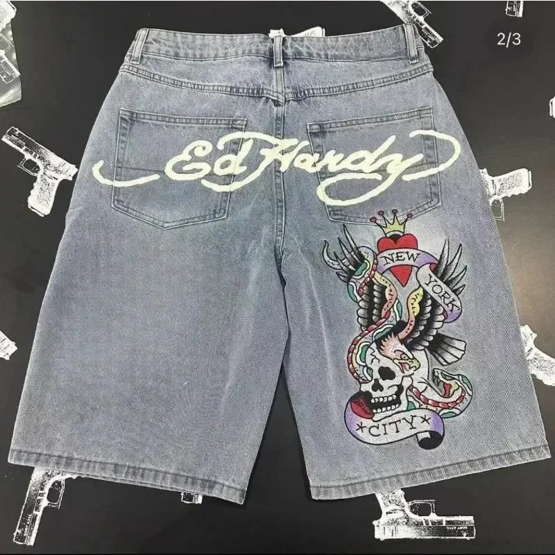 90s pocket shorts mens fashion letter denim shorts retro Harajuku hip-hop gothic punk gothic wide leg pants street wear 241019