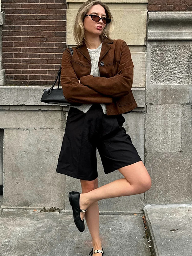 Flip collar single chest suede jacket for women retro short sleeved long sleeved jacket for women autumn casual brown high street jacket 241023