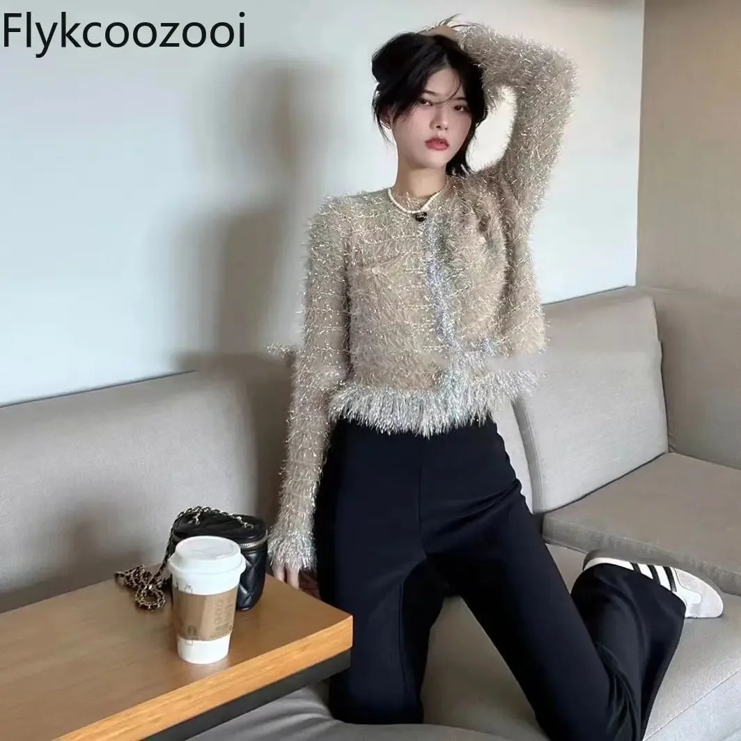 Sparkly Fringed Elegant Sweater for Women Highgrade Cashmere Crewneck Knitted Cardigan Coat Regular Fit Casaco Feminino 241021