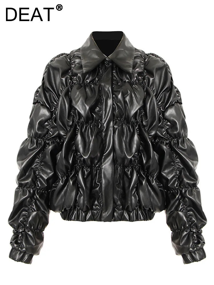 Dear Fashion Women's Pleated Lapel Puff Sleeve Cover Button Designer Slim PU Leather Jacket 2024 Autumn New Item 7Ab3798