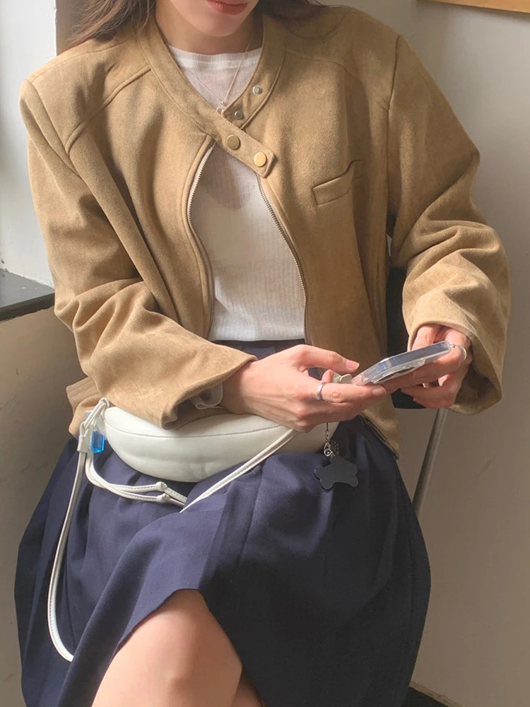 American style retro suede jacket winter warm thick zipper jacket long sleeved bicycle jacket casual short jacket trend 241023