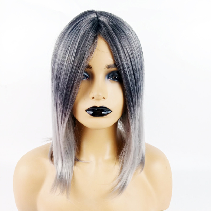 African fashion black gradient brown bob middle part short straight hair chemical fiber headpiece