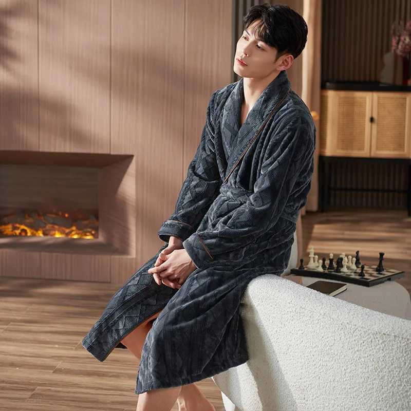 Mens Spwear Long Robes Winter Flannel Thick Terry Robe Mens Long Sve Kimono Warm Bathroom Home Wear Peignoir Mens Robe W241023