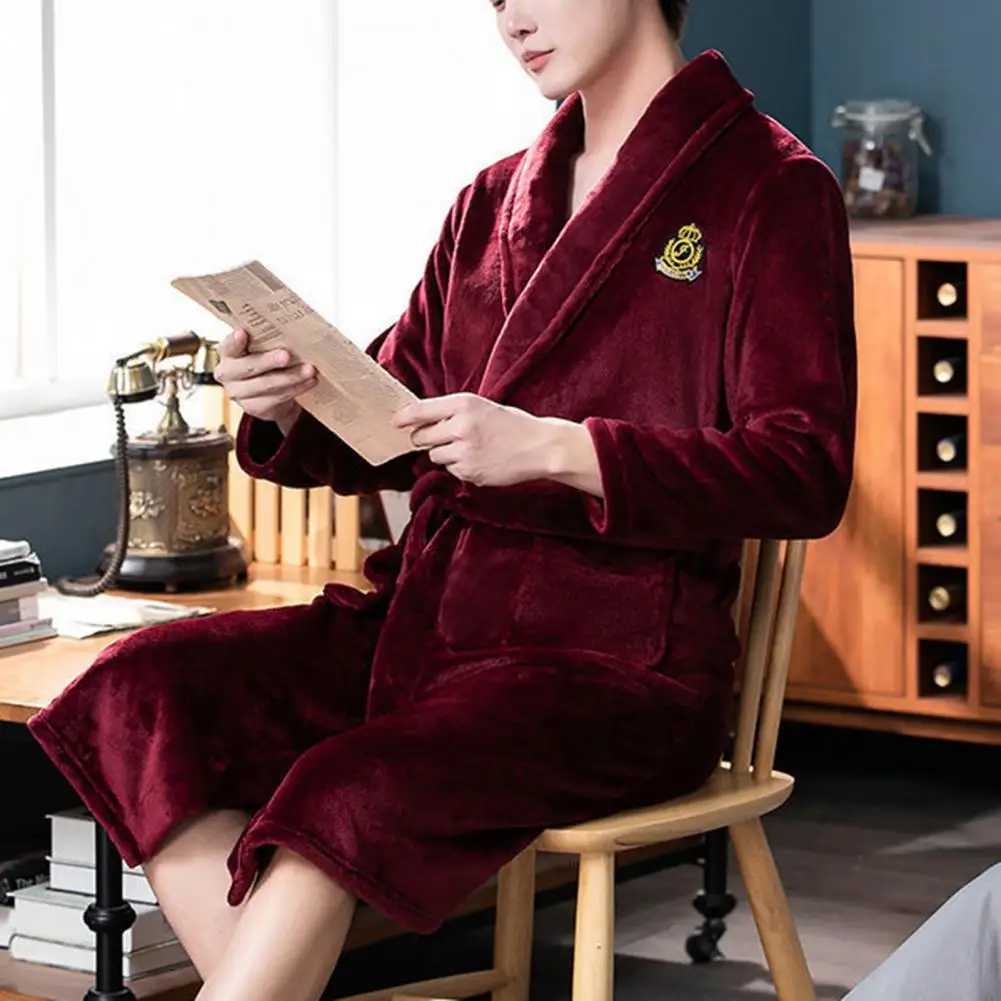 Long Sve pocket with embroidered printed flannel bathroom mens winter warm collar double-sided Fce evening gown W241023