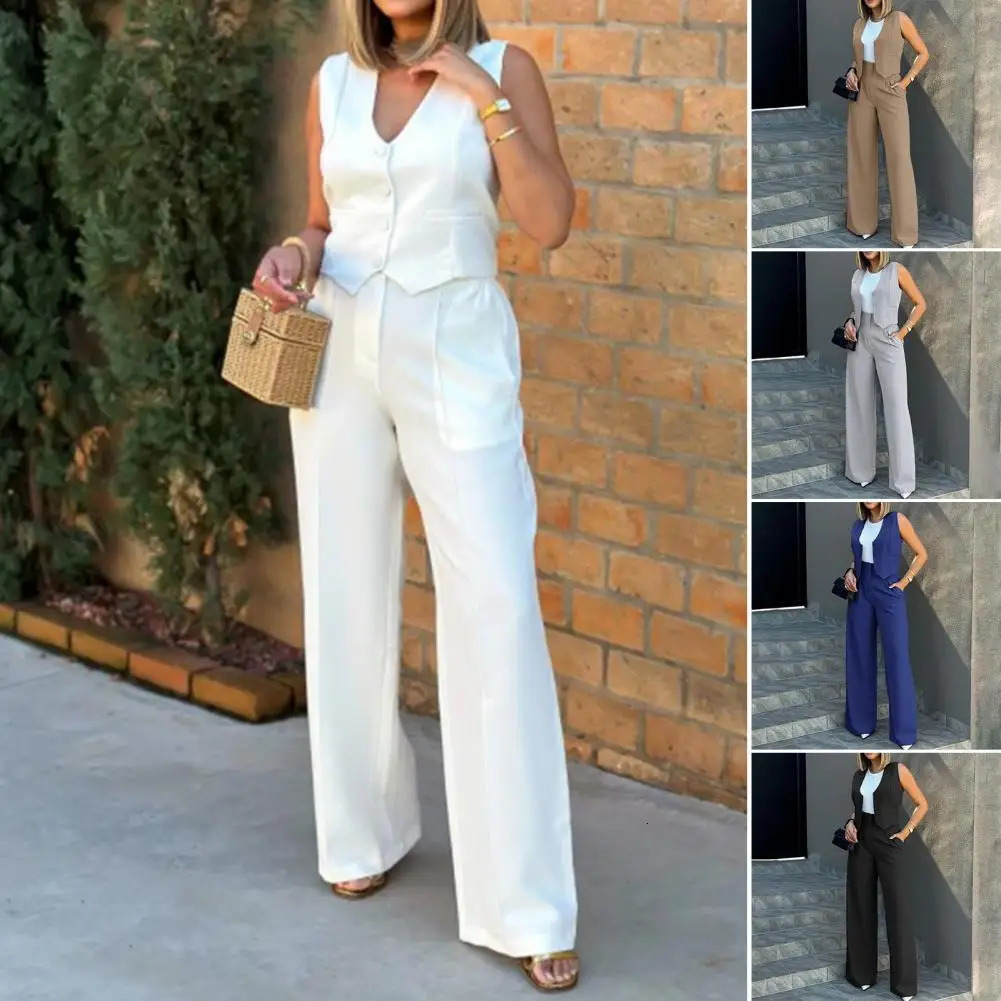 Womens suit womens vest elegant womens bag pants set sleeveless vest womens high waist wide leg pants suitable for fashion 241023