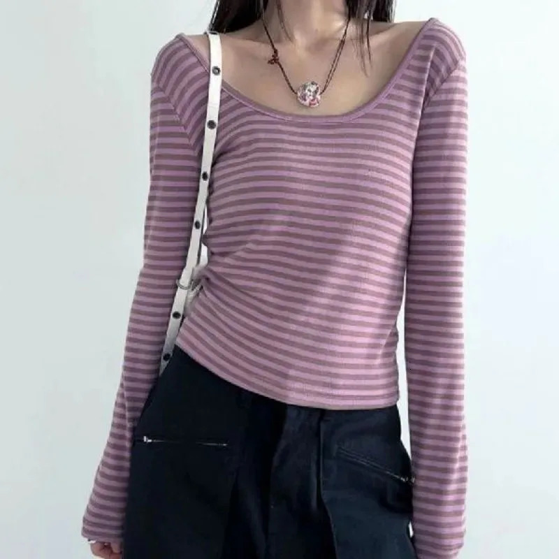 Casual Striped TShirt For Women Fashion Vintage Womens Long Sleeve Round Neck Slim Tee Spring Female Gentle Street Top 241022