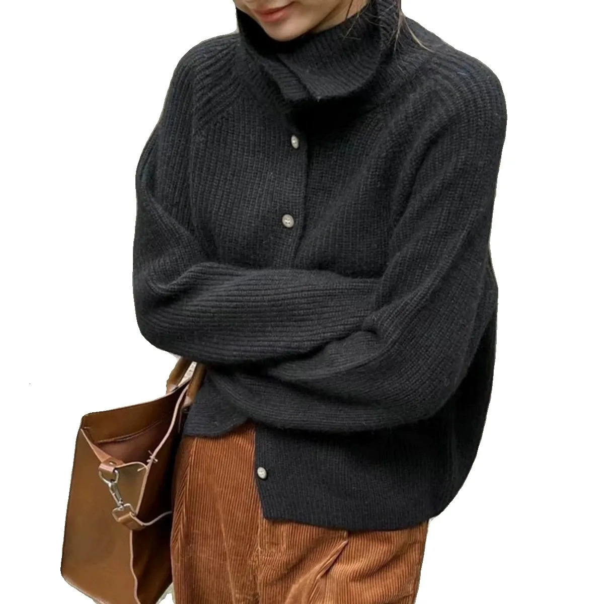 Turtleneck cardigan wool womens 100% pure wool sweater autumn and winter loose thick cashmere bottom sweater knitted jacket 241022