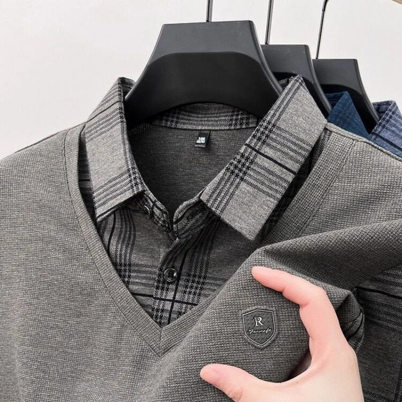 2024AutumnWinter Mens POLO Shirt Exquisite Printed Two piece Long Sleeve Korean Trendy Collar Mens Wear 241010