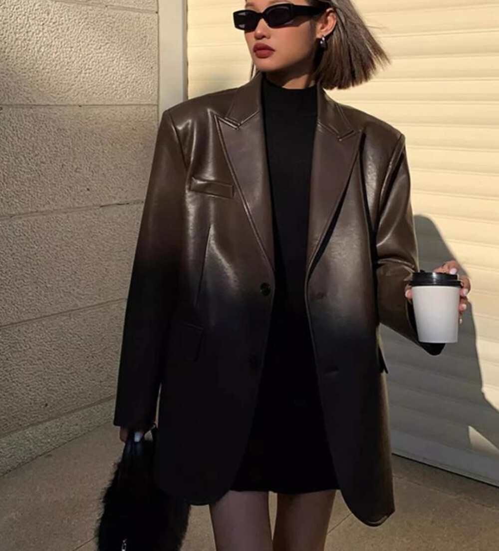 Womens Black Brown Soft PU Leather Blazer Shoulder Pads Long Sleeve Single Breasted Loose Casual Jacket Tops Korean Fashion Coat