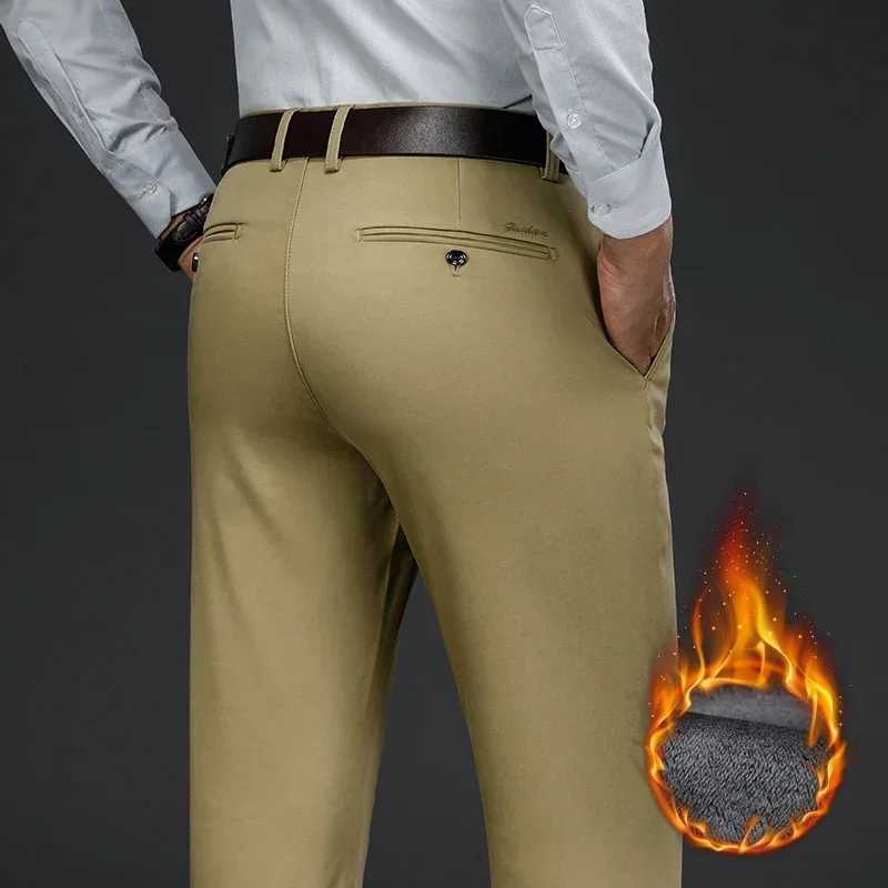 Classic Style Winter Warm Mens Business Straight Casual Pants Stretch Fabric Office Pants Fleece Thicken Trousers Khaki BlackX241023