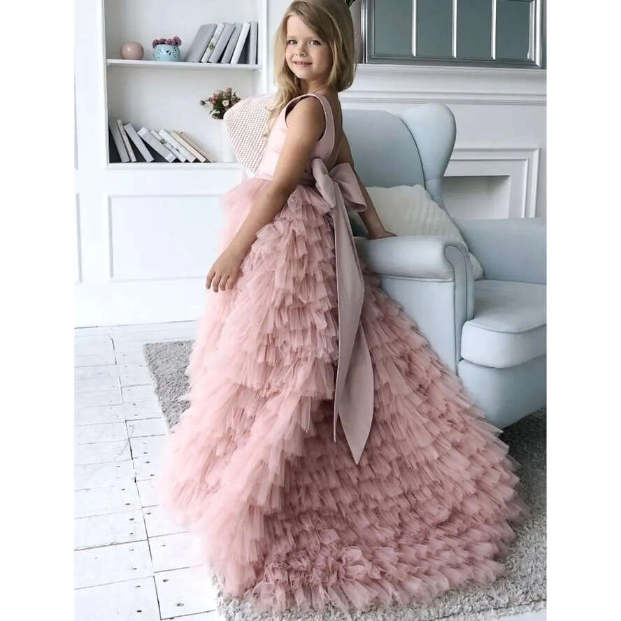 Pink Cacscading Girls Ruffles Pageant Dresses Princess A E Jewel Neck Backless Wer Girl Dress With Big Bow Sash Teens Formal Party Birthday Gowns Bc18
