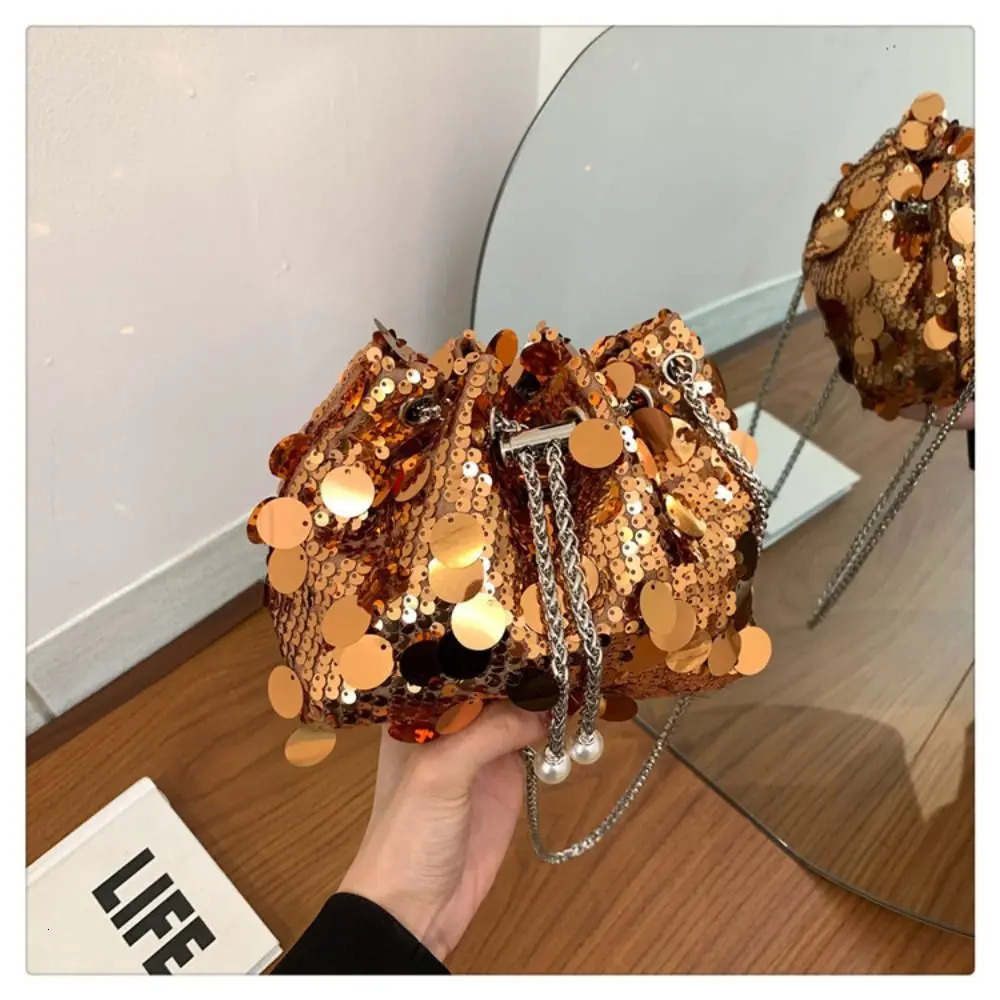 Womens shoulder sequin drawstring chain cross body bucket bag large capacity handbag 241023 zhanyishengli