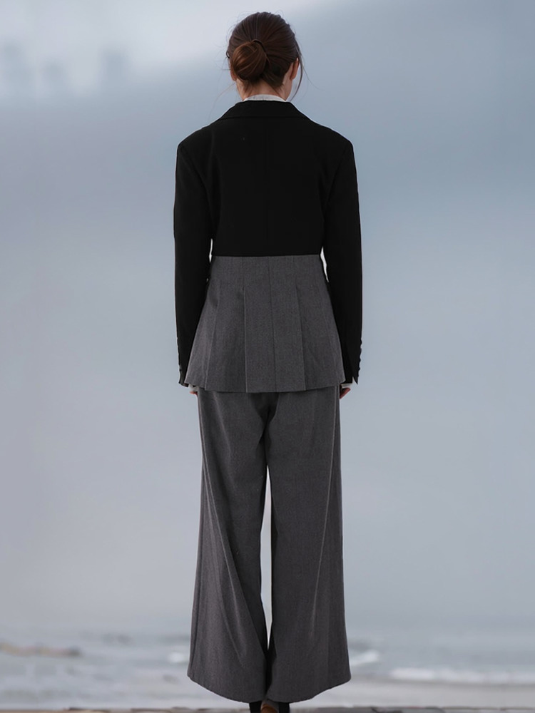 DEAT Afashion Women's 2 Pcs Set Notched Collar Contrast Color Single Button Folds High Waist Slim Suit Spring 2024 New Cpdb055