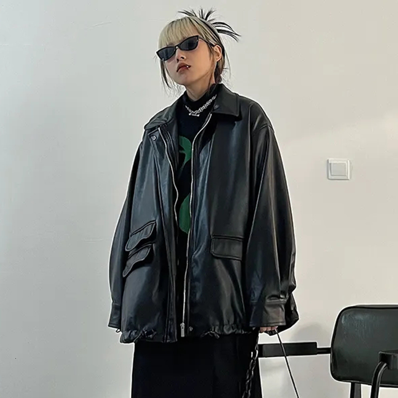 Streetwear Black Pu Faux Leather Coats Women Oversized Gothic Jackets Y2k Loose Pocket Cool Ladies Casual Soft Outerwear