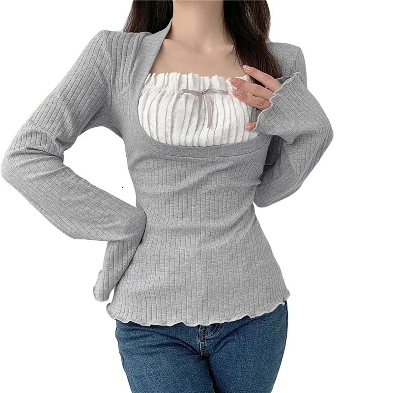 Xingqing Elegant Lady Square Collar T Shirt Kawaii Clothes Fairy Grunge Long Sleeve Ribbed Tops y2k Tees 2000s Women Streetwear 241022