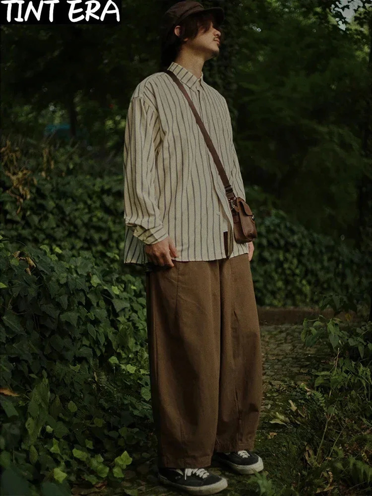 Japanese retro suit mens multi pocket cargo vest spring and autumn striped long sleeved shirt loose casual pants three piece set 241023