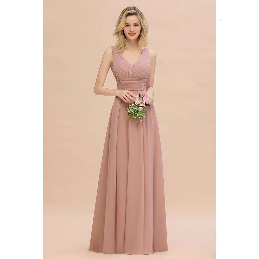 Chiffon Bridmesaid Pink Dusty Dresses Designer A E V Neck Pleats Long Summer Garden Bohemian Wedding Guest Maid Of Honor Gowns Custom Made Bm0752