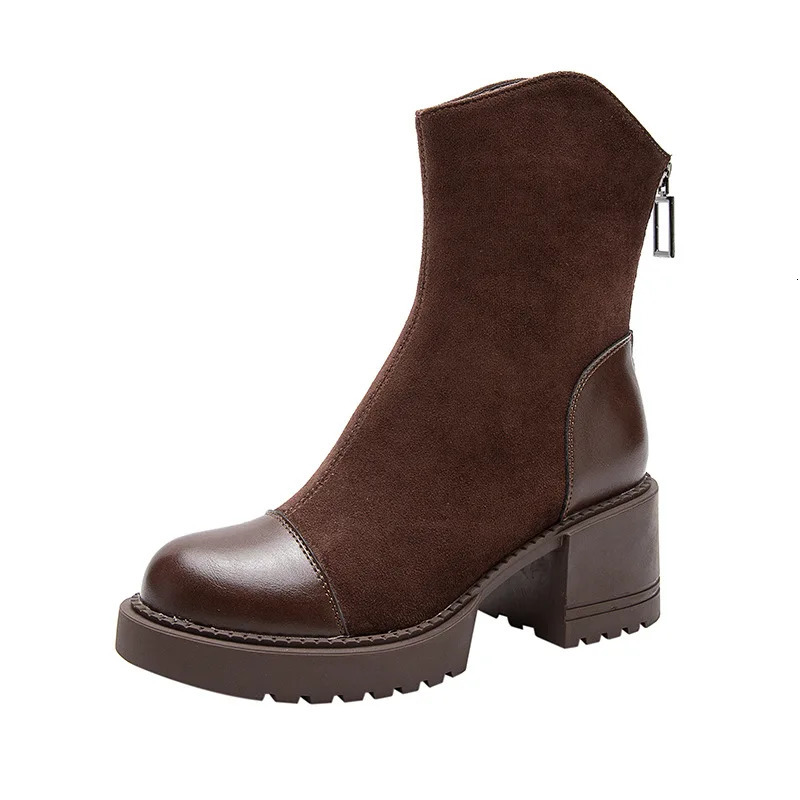 Retro brown womens ankle boots fashionable and elegant zipper shoes autumn square high heels modern short boots 250225