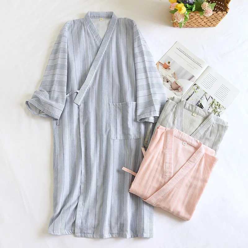 2024 couple summer sleepwear Japanese kimono robe pure cotton striped printed mens home clothing womens Spcoat home clothing W241023