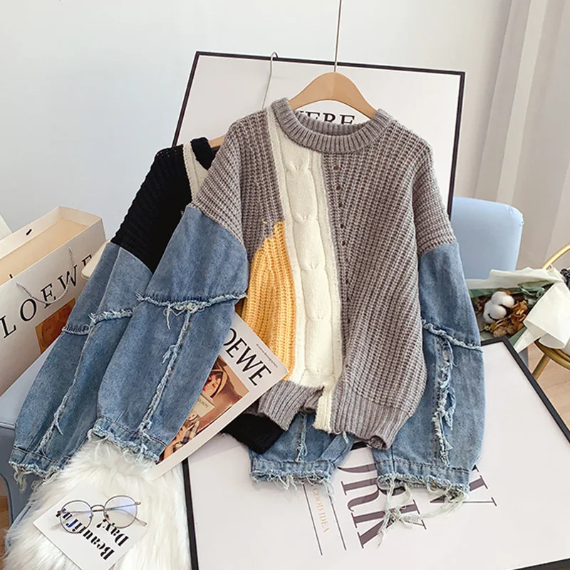 Denim woven spliced long sleeved O-neck Mohier knitted jumper womens loose womens sweater top womens clothing fashion 241022