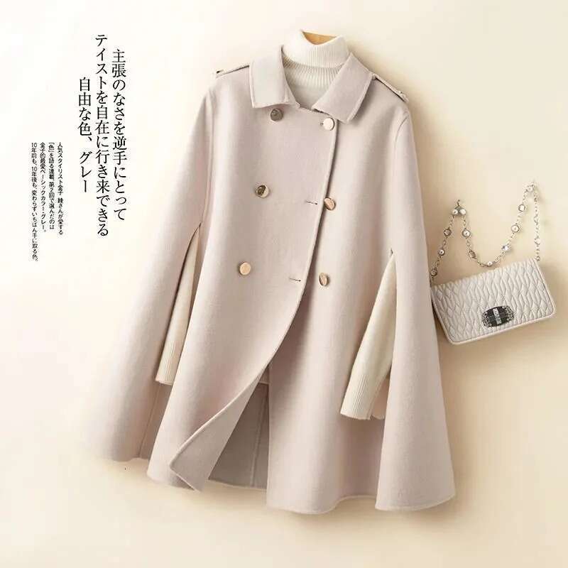 2023 100% Wool Mid Long Bat Cape Women Woolen Coats Autumn Loose Double Sided Cashmere Coat Female Fashion Camel Black Outerwear