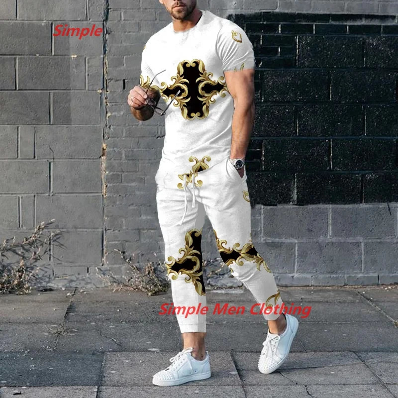 mens Trouser Tracksuit 2-piece set of mens summer jogging sportswear short sleeved T-shirtmens T-shirt long pants set 241023