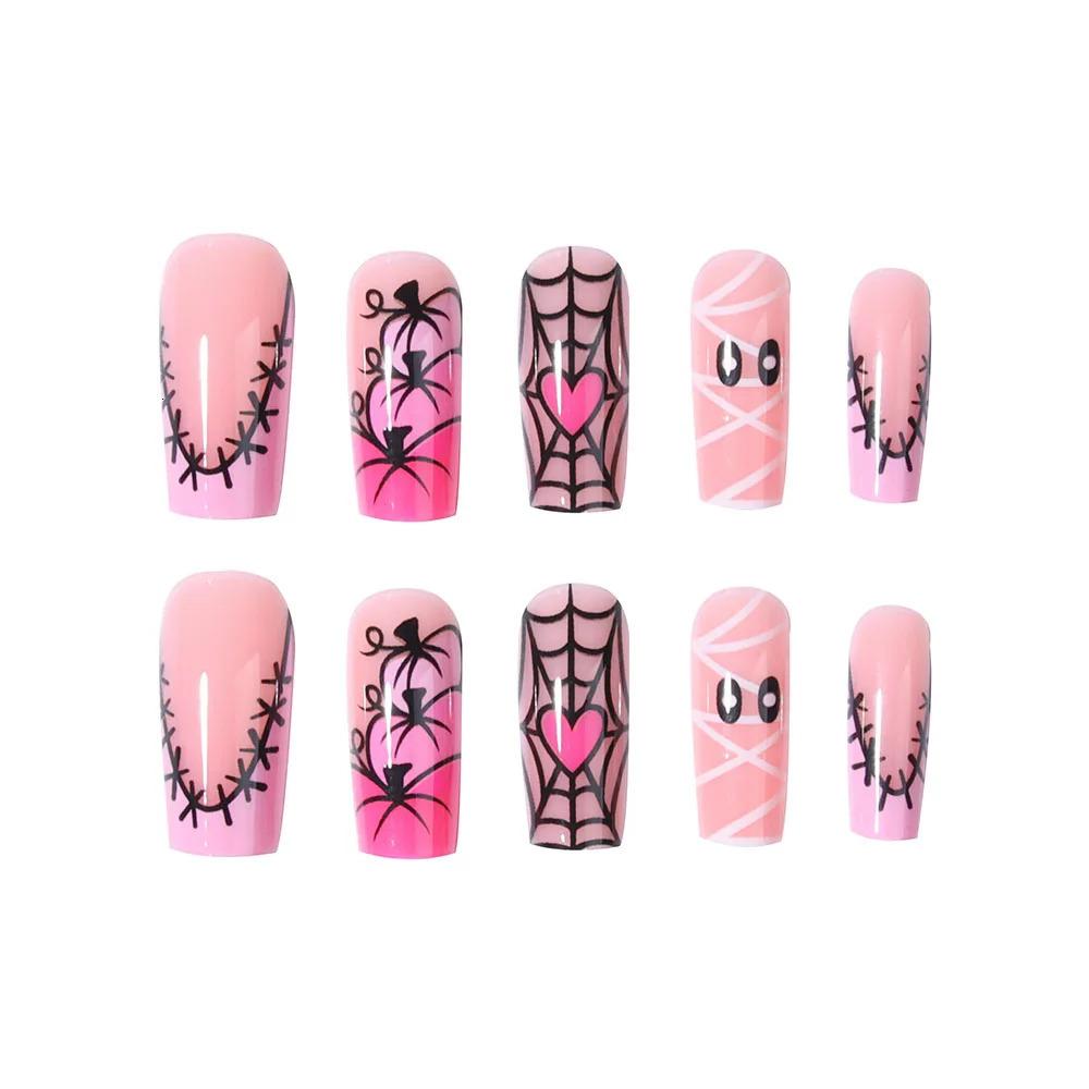 24pcs press on nailmedium nail square Halloween pumpkin shapesewing line cobweb nsuitable for festival wear 241021