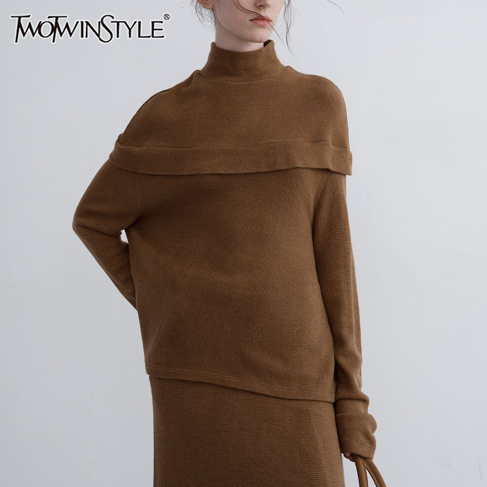 TWOTWINSTYLE Solid Designer Knitting Sweaters For Women Stand Collar Long Sleeve Casual Pullover Sweater Female Fashion Style