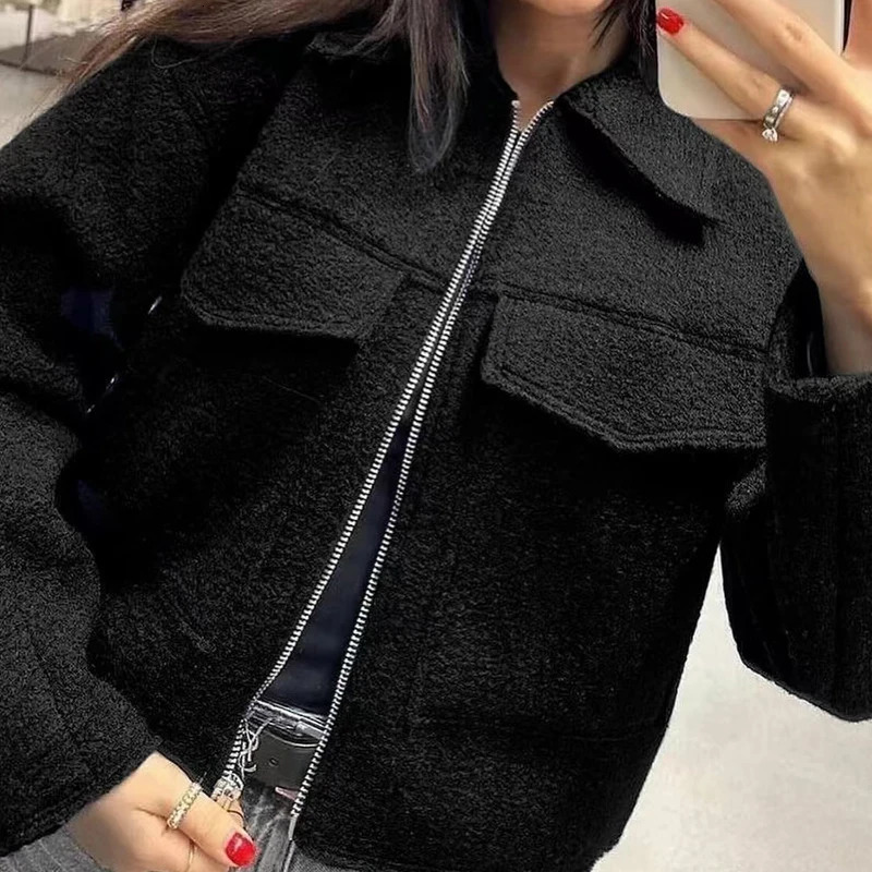 HXAO Womens Fashion Womens Jacket Denim Jacket Autumn Wool and Blended Jacket Long Sleeve Solid Jacket Jacket 241023