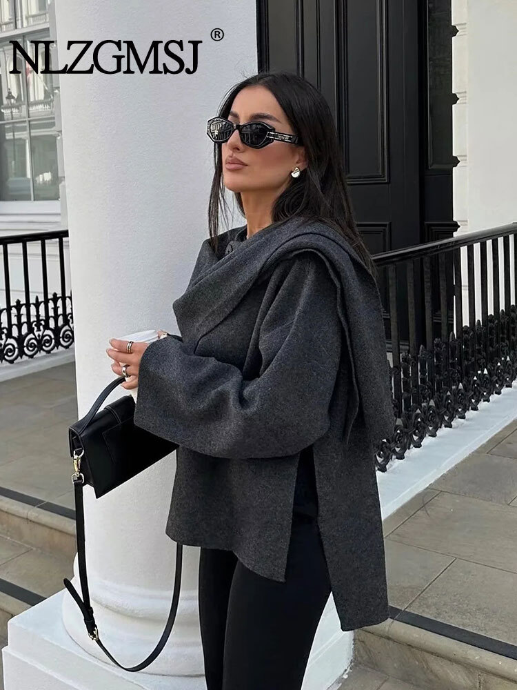 Winter Female Scarf Coat Long Sleeve Knitted Asymmetric Jackets For Streetwear Causal Women Coats
