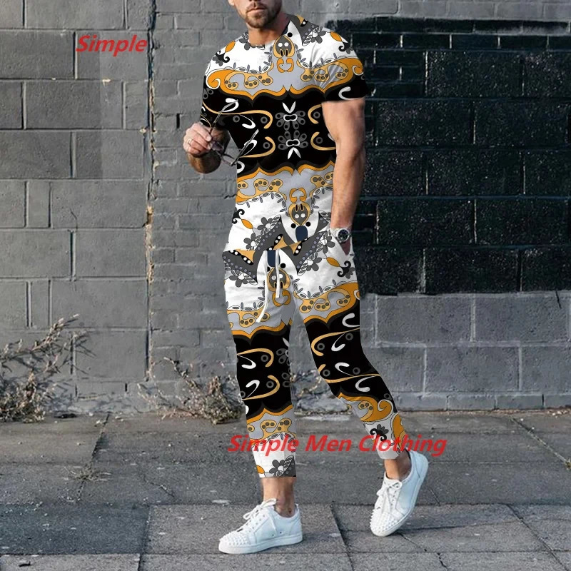 mens Trouser Tracksuit 2-piece set of mens summer jogging sportswear short sleeved T-shirtmens T-shirt long pants set 241023