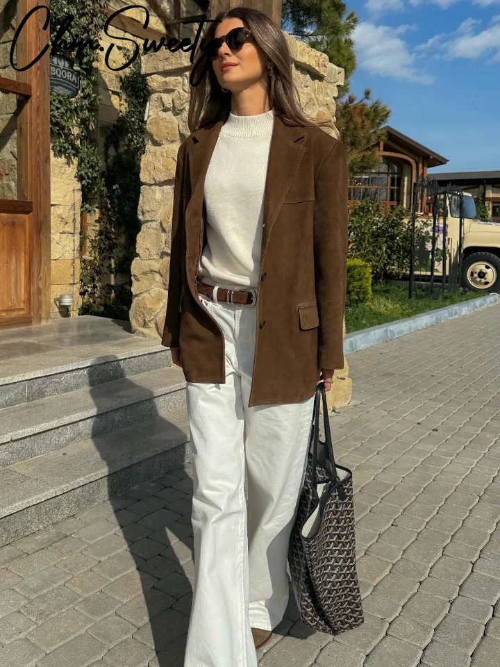 Retro artificial suede lapel jacket for women loose single chest pocket jacket autumn and winter casual womens jacket 241023