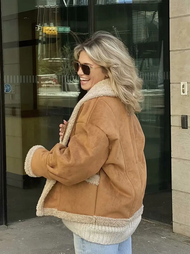 Suede leather lapel cashmere loose jacket womens winter fashion chic pocket thick long sleeved cut jacket womens jacket 241023