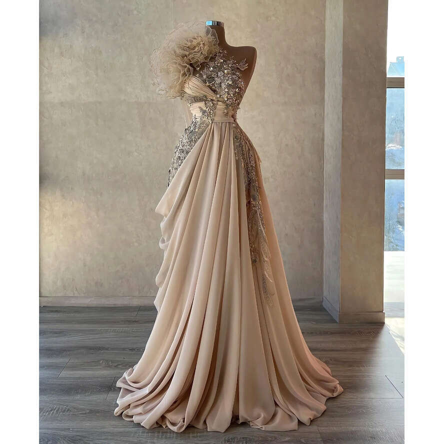With Champagne Evening Dresses 3D Hand Made Wers Tier Ruffles One Shoulder A E Appliques Beads Chiffon Prom Party Gowns Bc18431 ppliques