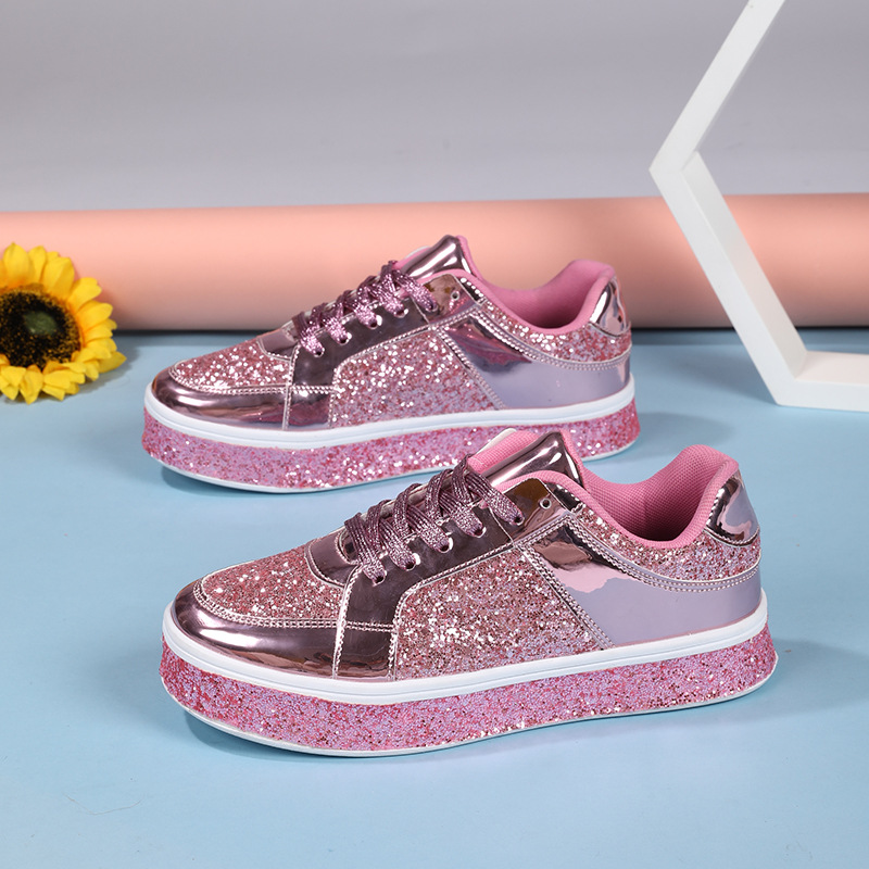 Korean version of the trend of casual thick soles board shoes new bright face fashion women's shoes low top lace-up flat shoes Pink fashion shoes