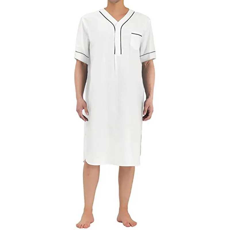 Summer mens casual short sleeved V-neck pajamas fashionable home clothes loose and comfortable solid color high-end night light S-3XL W241023