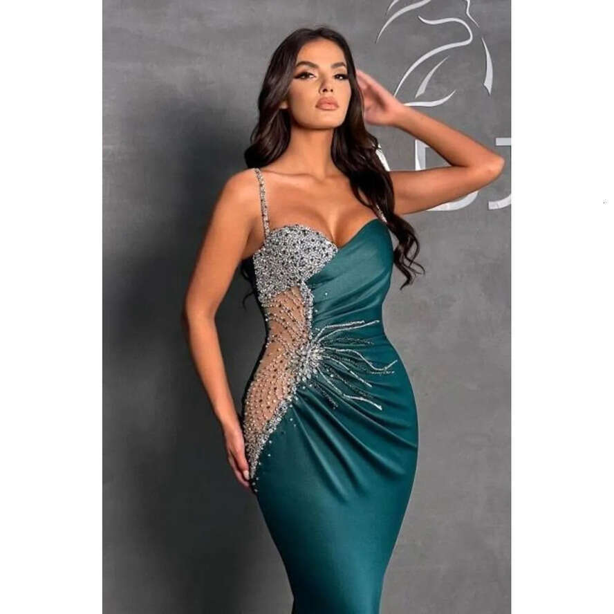 Mermaid Evening Hunter Green Dresses Arabic Dubai Sexy Spaghetti Straps Beads Sequins Long Party Ocn Gowns Teens Graduation Prom Wears Bc
