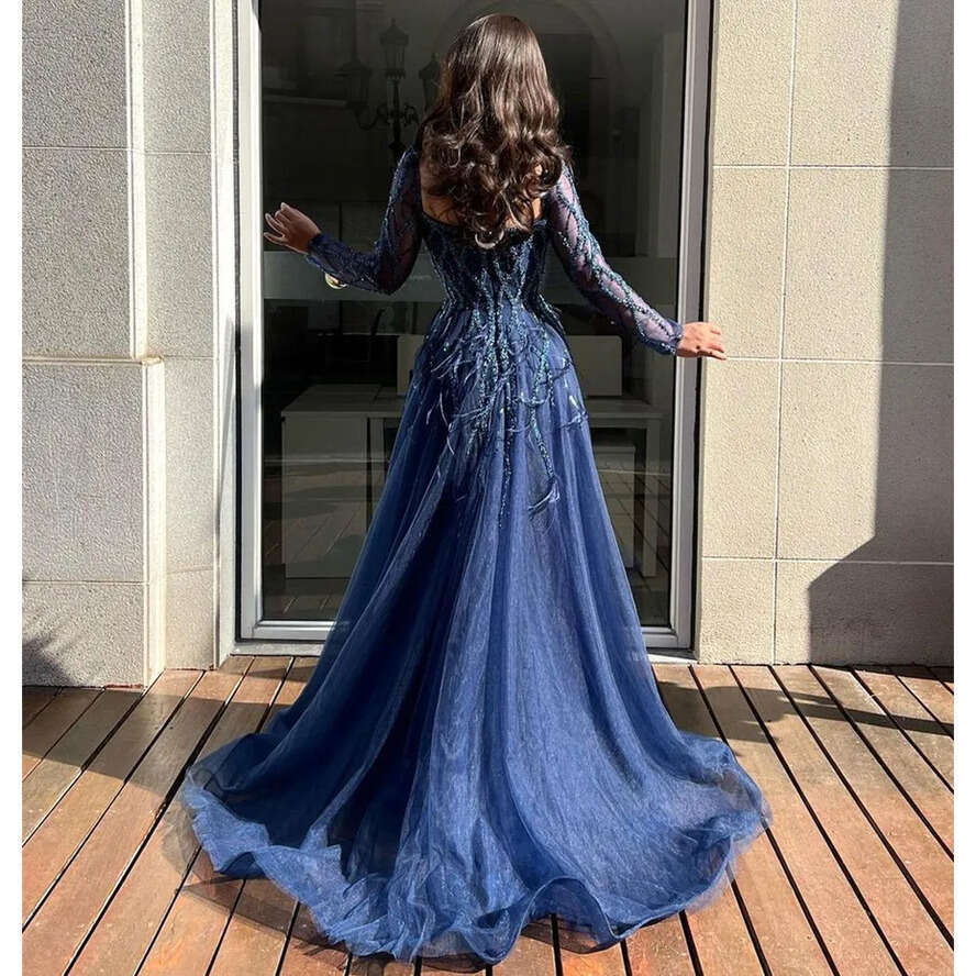 Evening Dubai Long Sleeves Dresses Women Glitter Sequin 2024 Formal Party Prom Gown High Slit Red Tulle Vestidos Bc18235