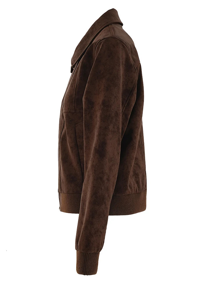 Brown suede plus size casual short jacket lapel long sleeved womens jacket fashionable trend for spring and summer CPG2239 241023