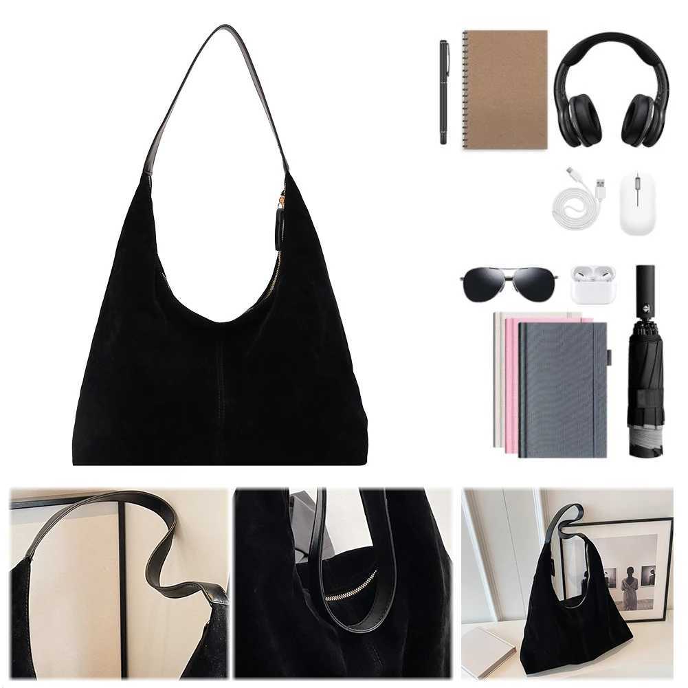 Women Suede Tote Bag with Zipper Shoulder Pu Leather Large Capacity Hobo Solid Slouchy Commuter Travel 241023