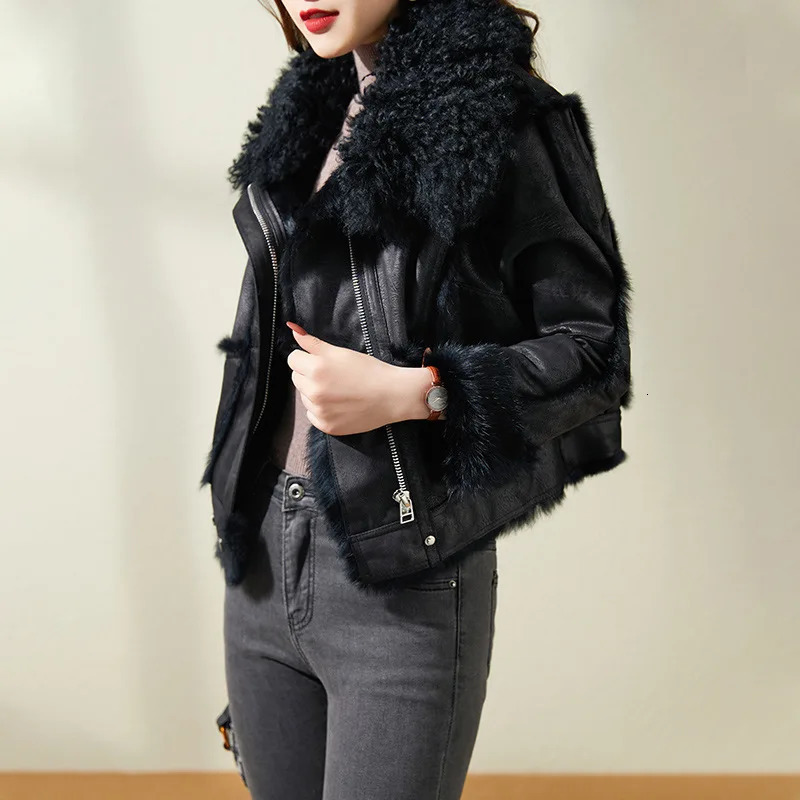 Womens Suede Short Coat Autumn Natural Rabbit Fur Splicing Jacket Street Clothing Office Womens Full Set Coat S-XL 241023