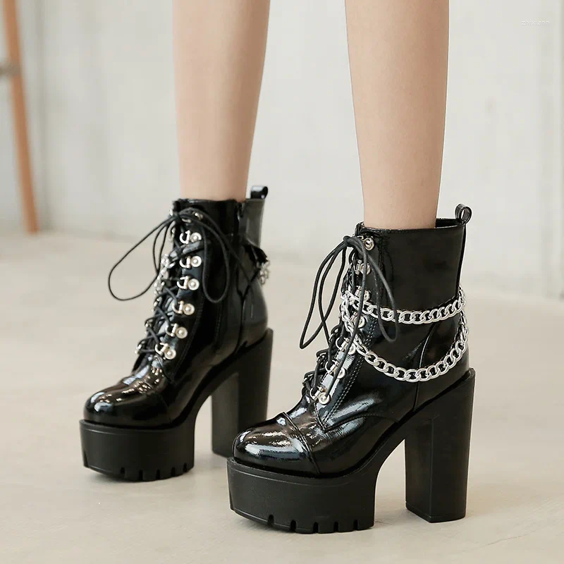 Boots 2024 Women's Black Gothic High Heel Ankle Sexy Chain Punk Style Patent Leather Platform Lace Up Motorcycle