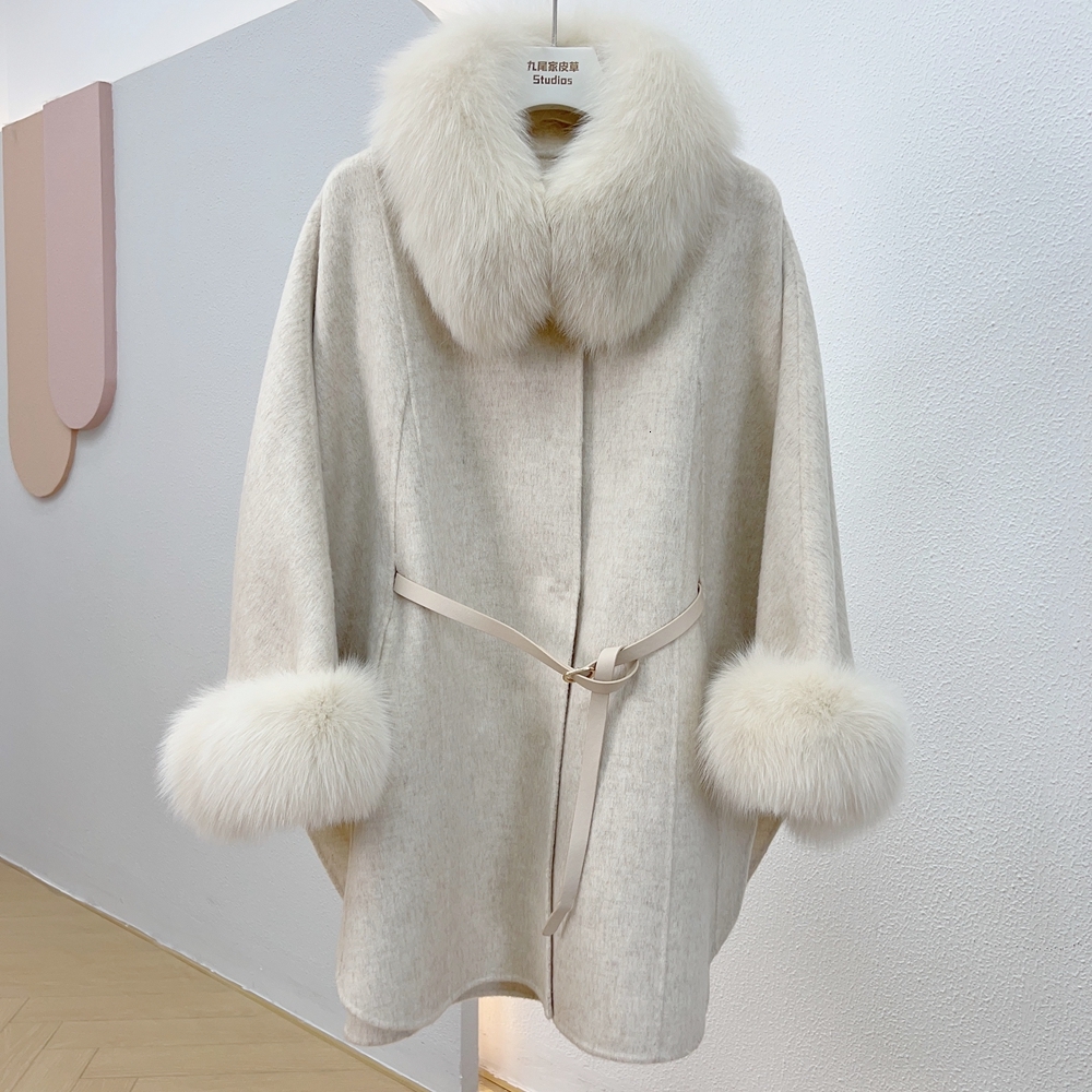Winter Women's Real Fox Fur 100% Wool Cloak Cashmere Warm Jacket Detachable Collar Thick Female Coat