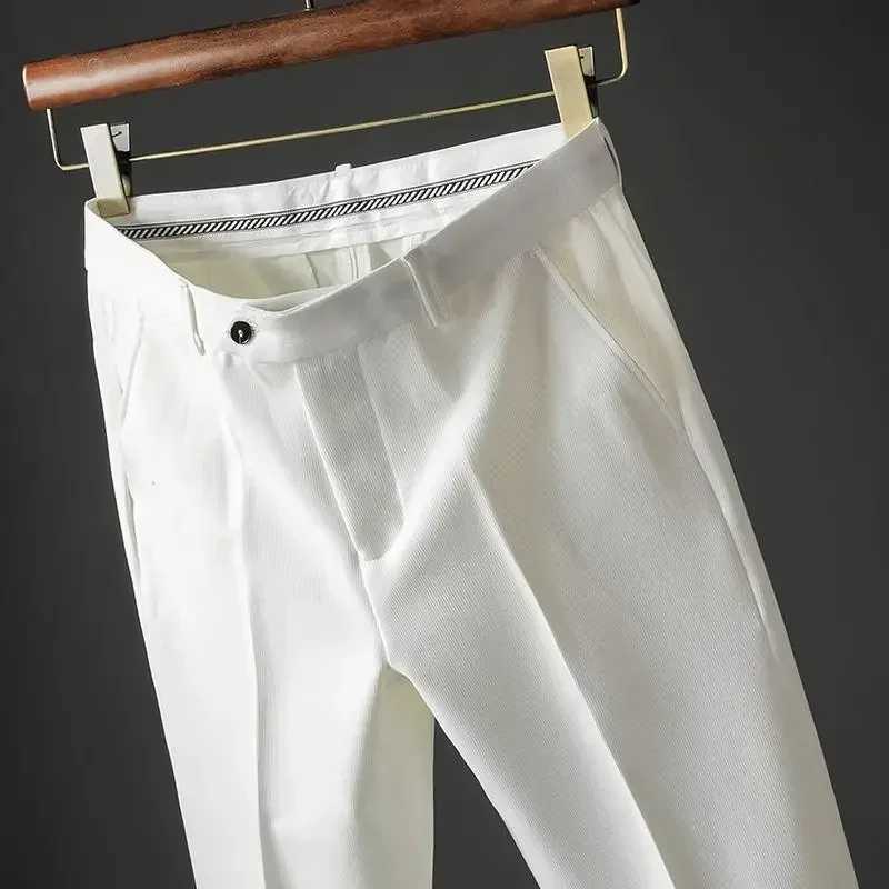 Slim Fit 9 Cropped Male Suit Trousers White Mens Summer Pants Tressed Luxury Spandex High Quality Up Stylish Formal 2024 SlacksX241023