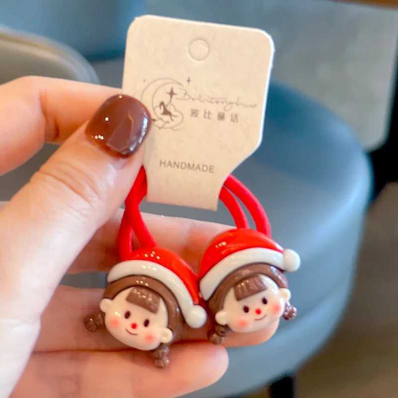 2PCS New Red Cartoon Christmas Girls Lovely Kids Elastic Hair Bands Princess Hair Accessories Children Hair Ties Baby HeadwearX241022