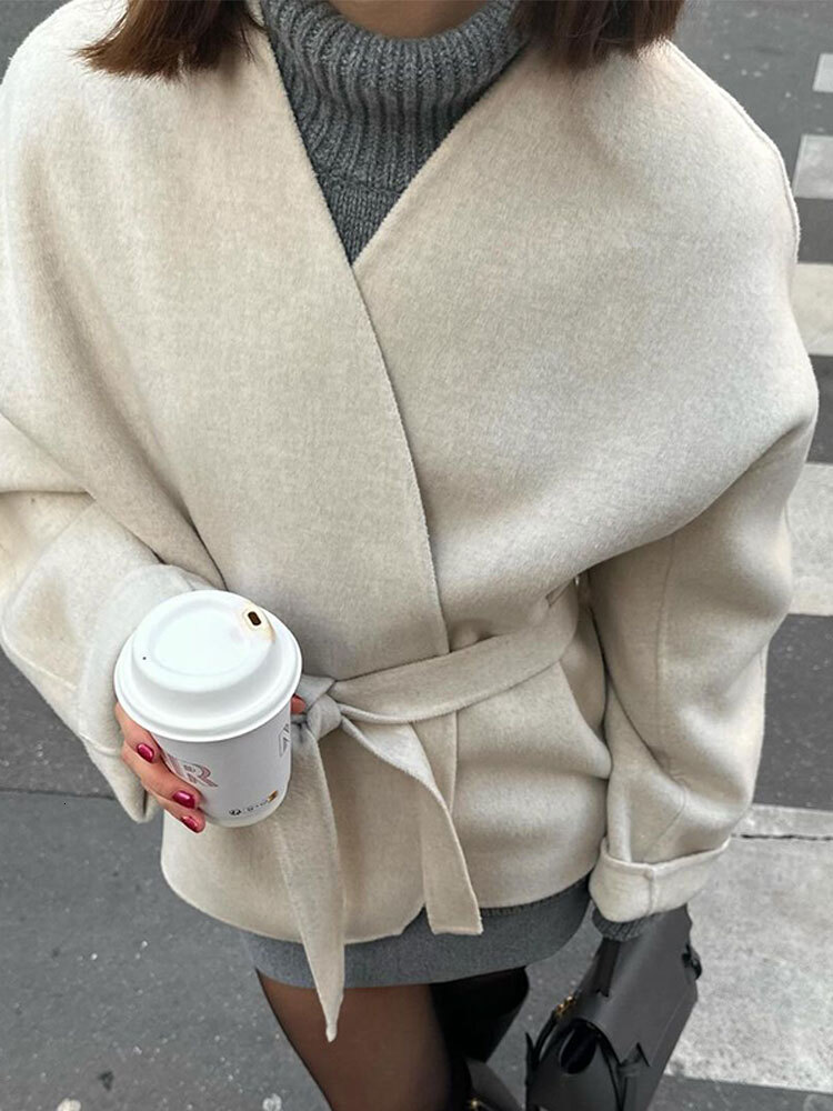 Elegant Women's Solid V-Neck Tie-Belt Woolen Jacket New Fashion Classic Long Sleeves Coats Autumn Chic Female Streetwear
