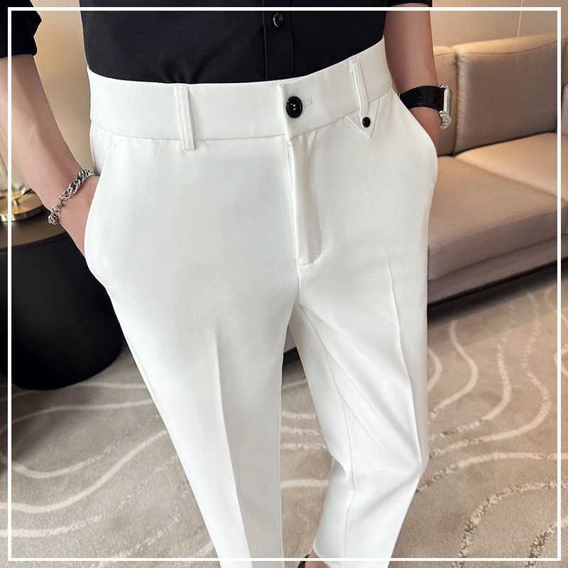 2024 New Spring and Autumn High End Fashion Business Casual High Waist Button Pocket Hanging Straight Crop Suit Pants for MenX241023