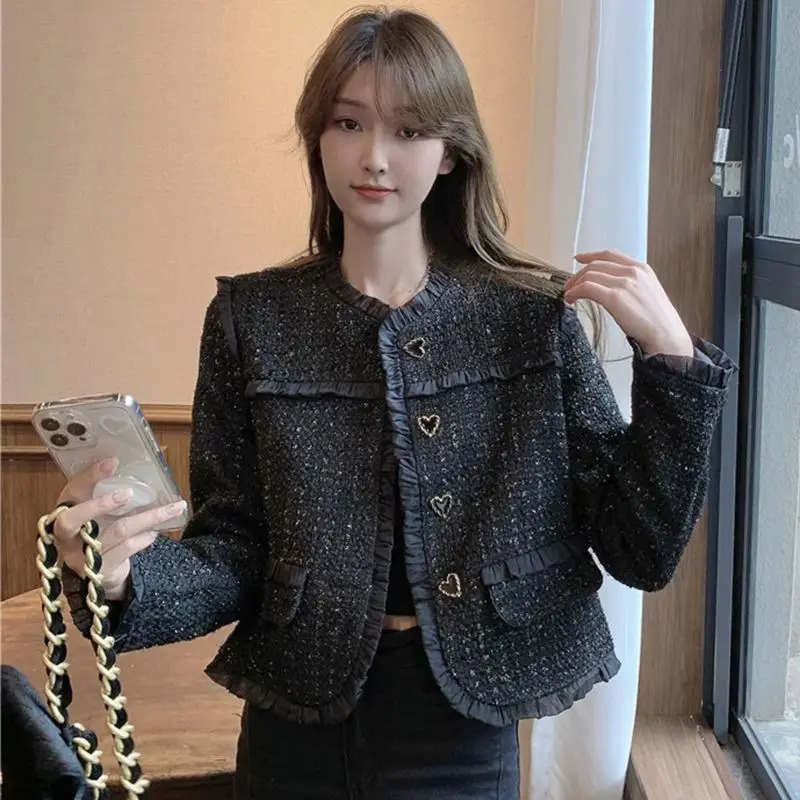 Womens retro elegant pleated black tweed jacket Spring and Autumn Korean fashion womens long sleeved chic short sleeved jacket 241023