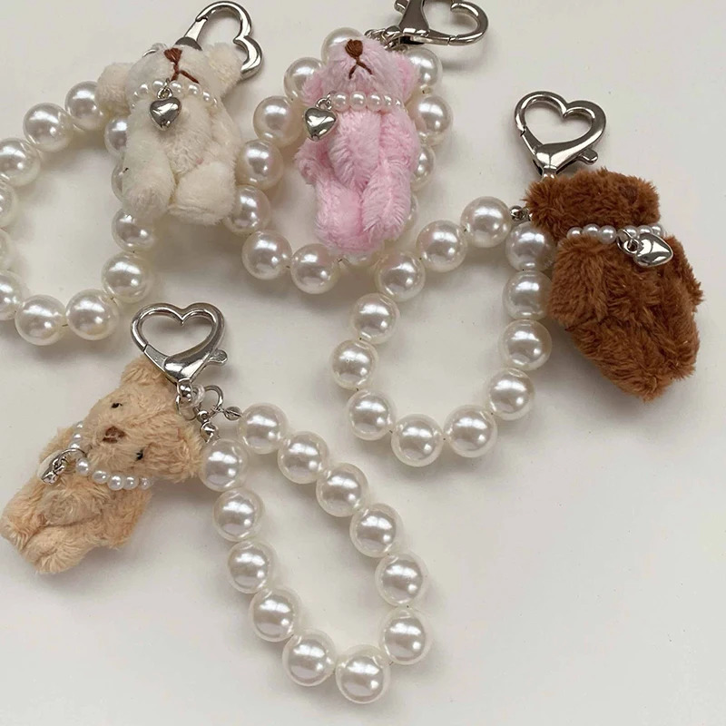 Plush Teddy Bear Pearl Bracelets Cell Phone Chain Cute Doll Bag Charms Keychain Pendant Girl Heart Hanging Ornament 241017