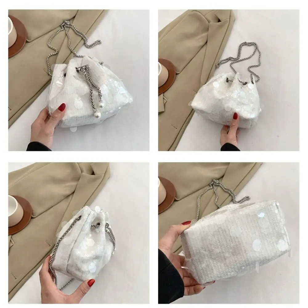 Womens shoulder sequin drawstring chain cross body bucket bag large capacity handbag 241023 zhanyishengli
